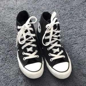 Converse studded high tops. Black. Silver and gold studs. Slightly worn.